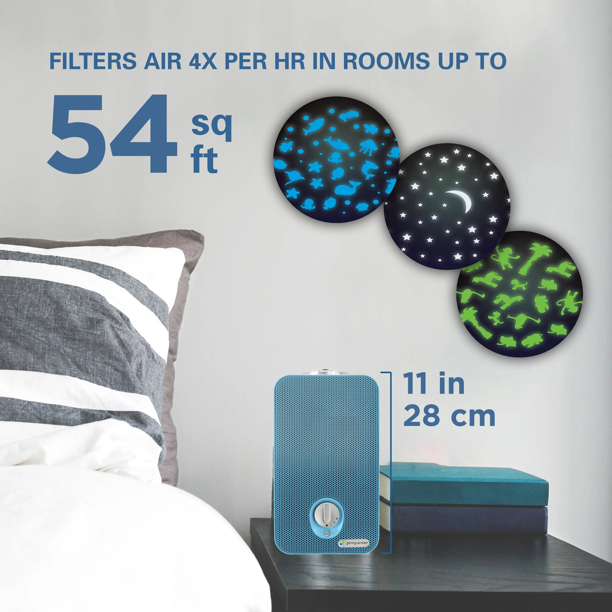 AC4150BLCA Purifier with ft., Air Filter, Light Projector, UV-C, HEPA Sq. GermGuardian 54 Night