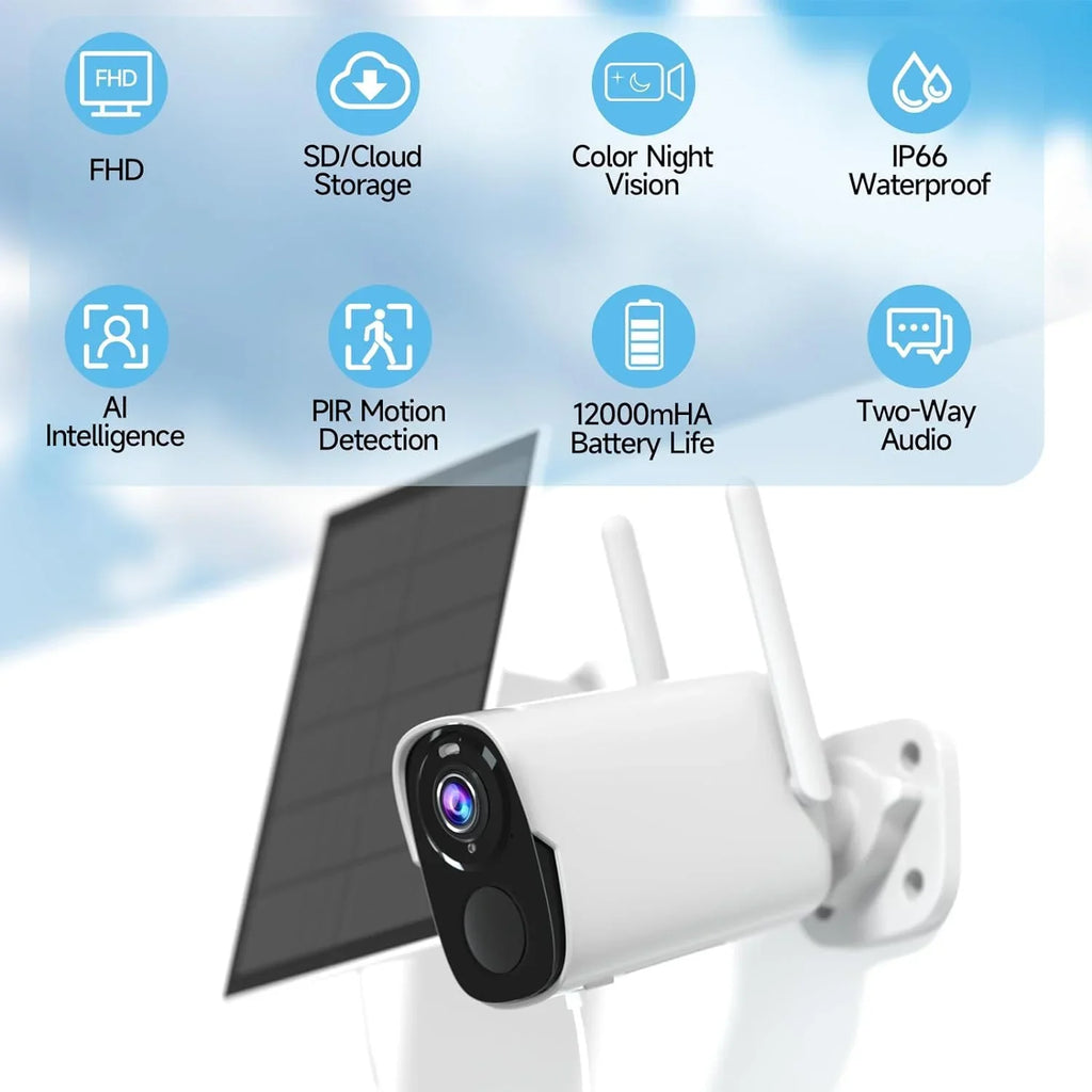 BW4PLUS-SP, Talk, Way Alexa, Rraycom Compatible WiFi with Surveillance Solar Night 2K Color Solar Outdoor, Vision, with Camera Camera Powered Siren, Spotlight System & 2 Security BW4P-SP-W-4PC