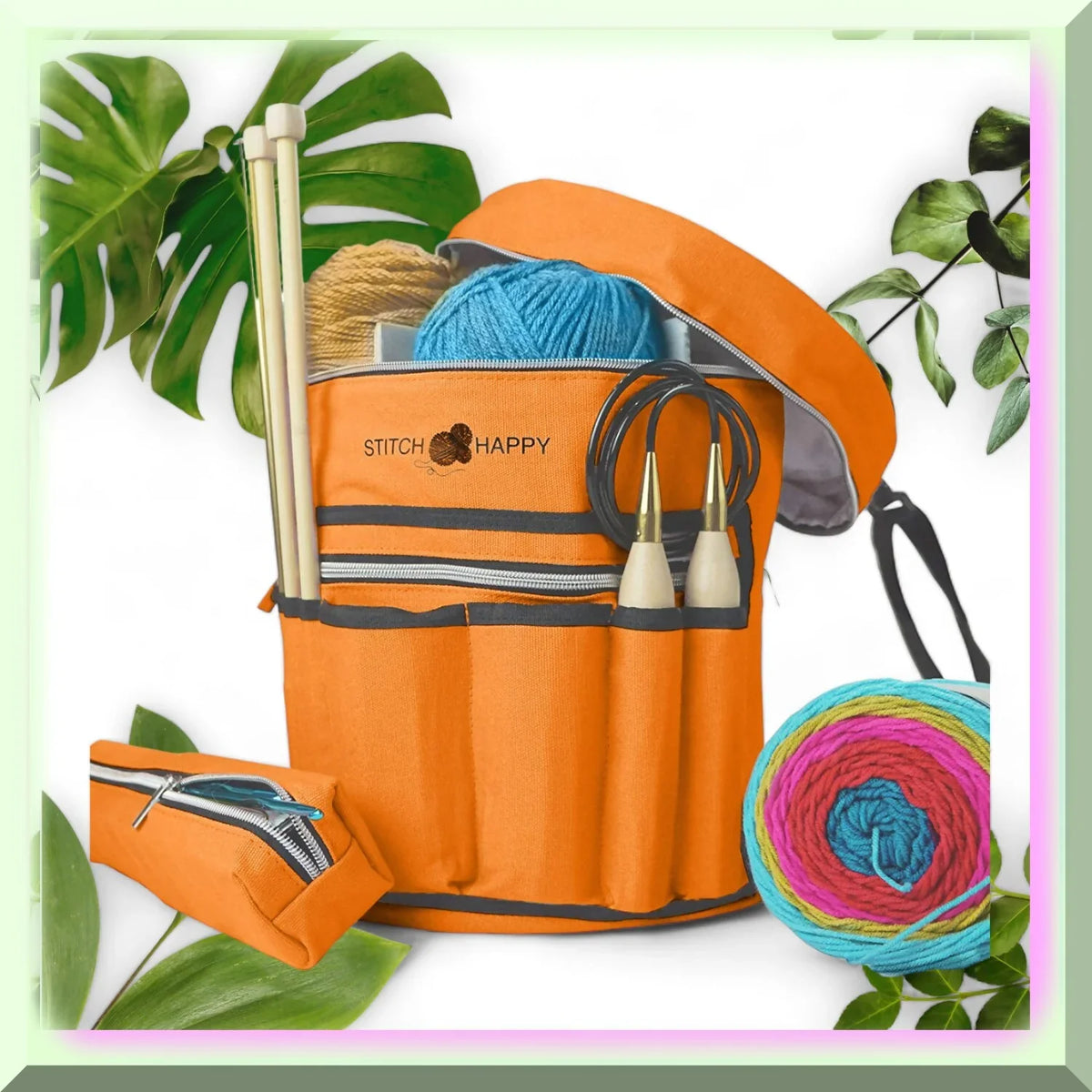 7 Solution & Bag, Orange Yarn Crochet Pocket Tote: Craft Knit Storage Blossom
