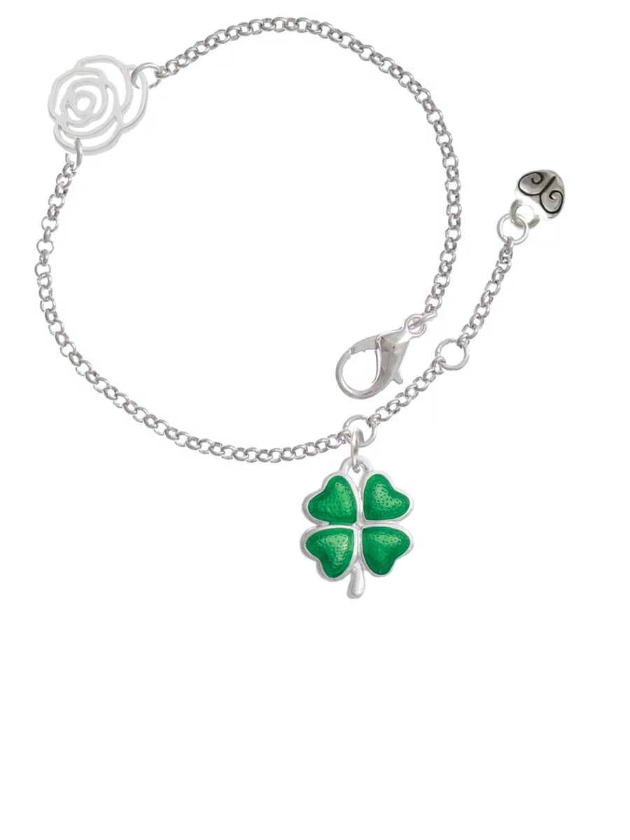 Bracelet, Jewelry Leaf Link Delight Silvertone Silver-tone Four Rose Green Chain Clover Extender 6.25"+1.75" Lucky Translucent