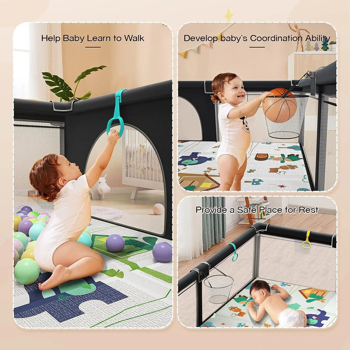 Protecting Top Yard Baby Play with 320D Large with Rod Padding Cotton Baby Zipper for for 6in1 Playpen Washable Toddlers, Playpen Padded Sturdy Safe & Gate with Playpen Babies, Upgraded Mat,