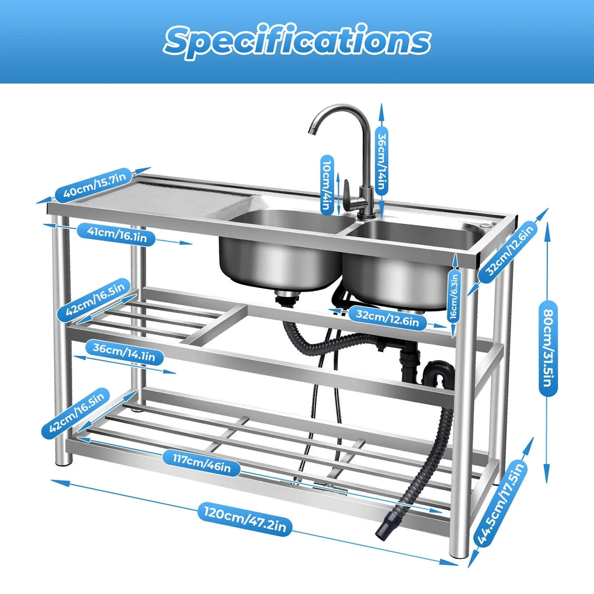 Prep Bowls Steel w/ Commercial Kitchen Catering Catering Utility w/Faucet Stainless Table Kitchen 2 Sink Bowls Home Prep 304 Drainboard Kitchen Sink Catering Sink +Shelf Bowl Prep 2 Table Bowl
