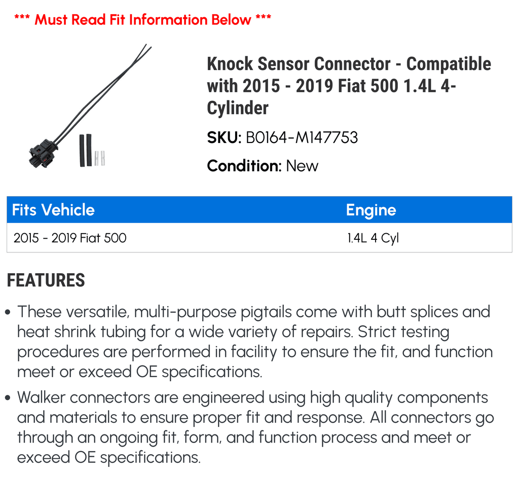 Fiat Connector - Sensor 4-Cylinder Knock 500 1.4L with - 2016 Compatible 2015 2019 2018 2017
