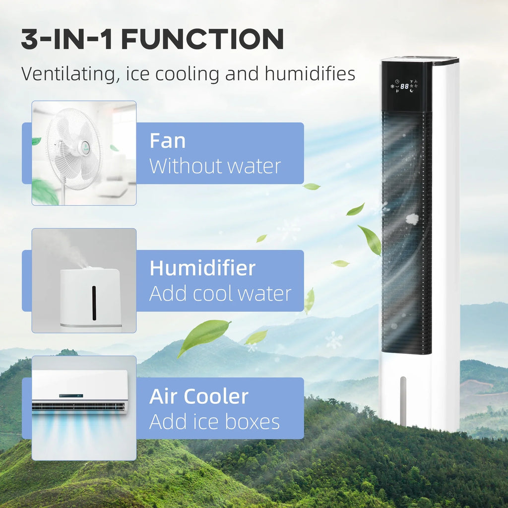 Cooling 1.6 LED Display, HOMCOM White Evaporative Oscillating, Water Air Humidifier Ice Cooler, 3-In-1 Portable Gal with Tank, Remote, Timer, and Fan 42"