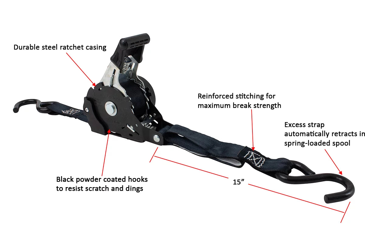 for Bikes: ATVs, | Tiedowns 12' 1" Tie-Down with Straps & Retract Pickup Secure NO-RATCHETING Straps Retractable Ratchet Hook x Auto Trailer Ratchet Pack Tight Motorcycles, 8 Coated - S