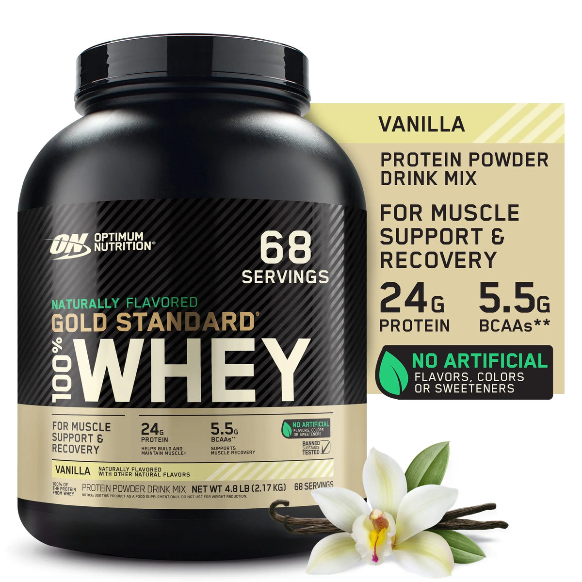 Protein Vanilla, Whey Servings 68 Standard 4.8 100% lb, Gold Nutrition, Naturally Optimum Powder, Flavored