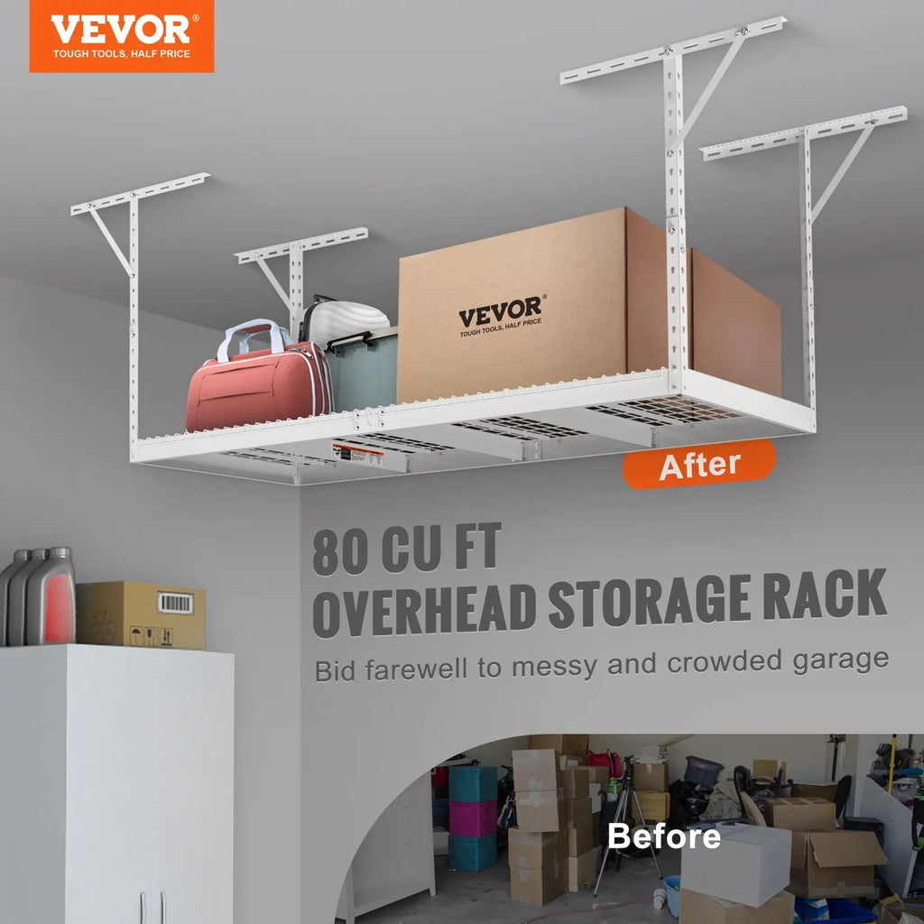 36x96in VEVOR 600lbs Garage Rack Ceiling Adjustable Storage White Rack Overhead