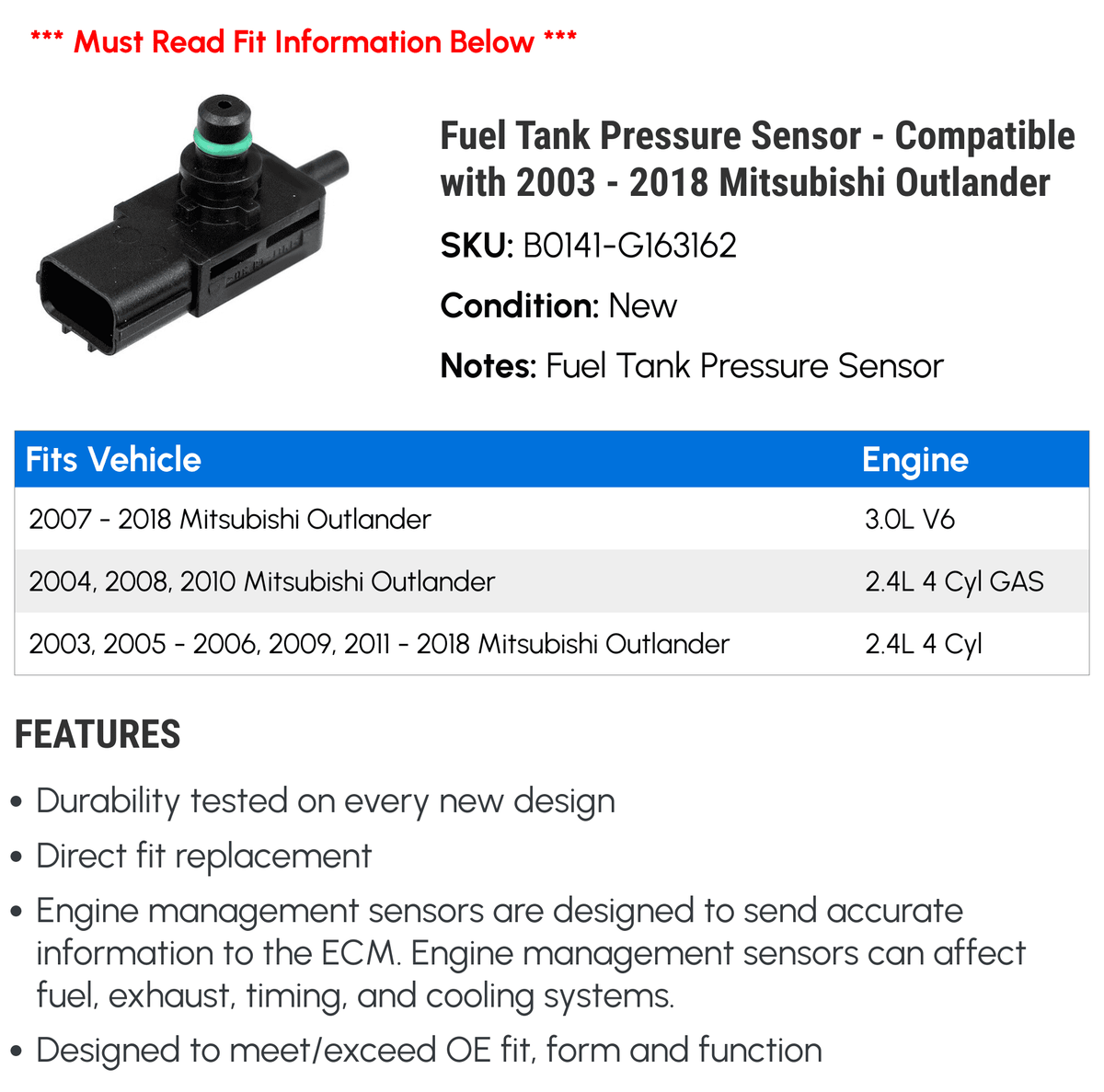 '- 2018 2005 Outlander 2007 2016 2011 2017 2004 2003 Compatible Sensor Fuel 2013 Pressure - Tank 2009 2006 2010 with 2014 2008 2012 Mitsubishi 2015