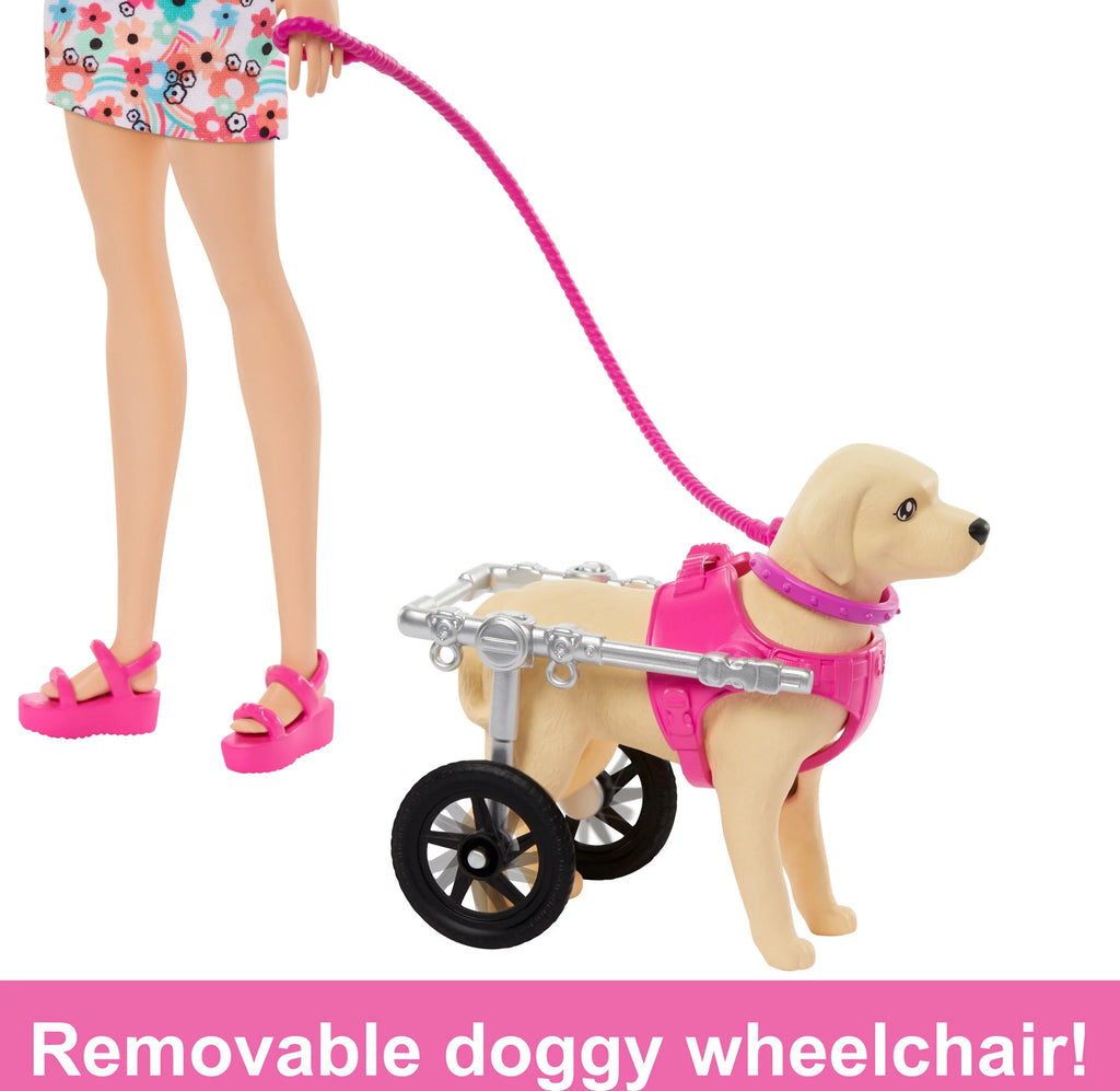Barbie Wheelchair, a Playset with Pet Plus Pup Toy Dog Pup Multicolor Accessories, and Doll in a