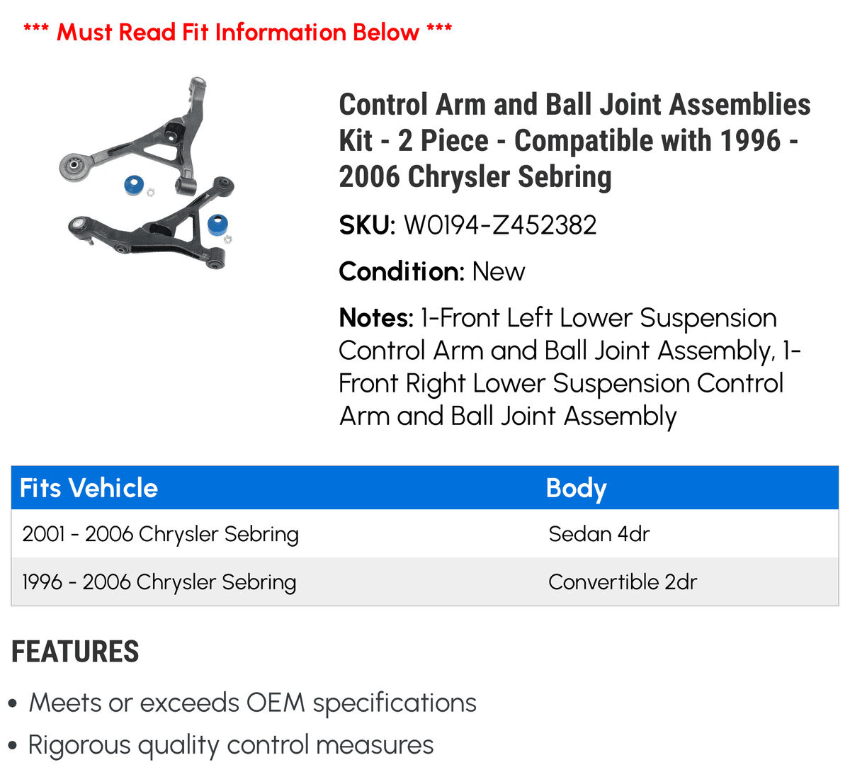 '- 2002 Joint Sebring 2001 Arm Compatible with - Chrysler Ball 2006 2003 Piece 1996 2 2005 Control Kit Assemblies 2004 1997 1998 2000 and - 1999