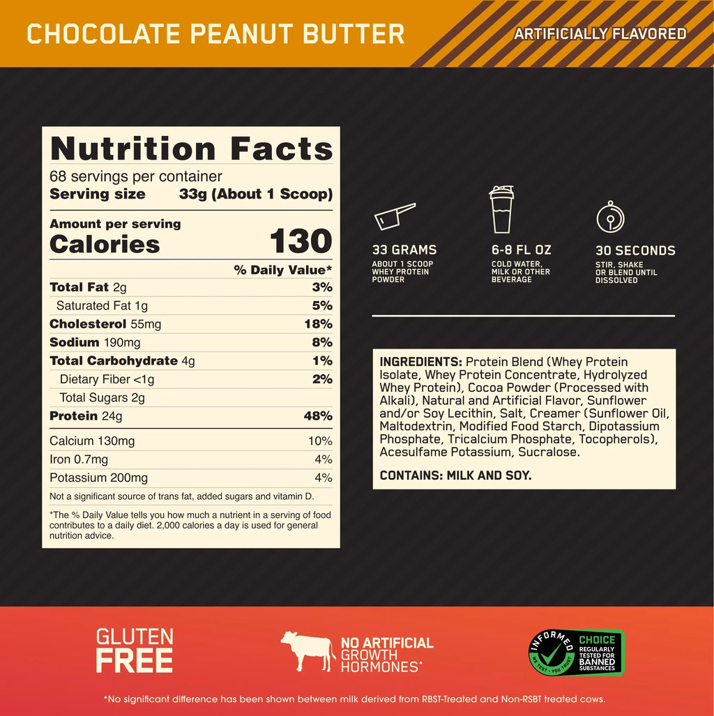 Peanut 68 Optimum Protein 100% Whey lb, Servings 5 Butter, Gold Nutrition, Standard Chocolate Powder,