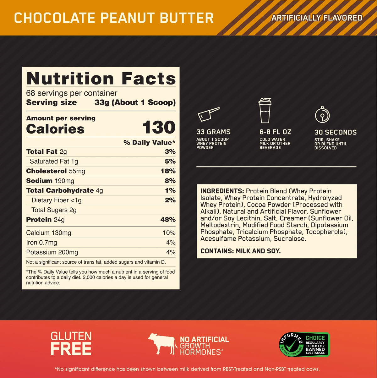 Peanut 68 Optimum Protein 100% Whey lb, Servings 5 Butter, Gold Nutrition, Standard Chocolate Powder,