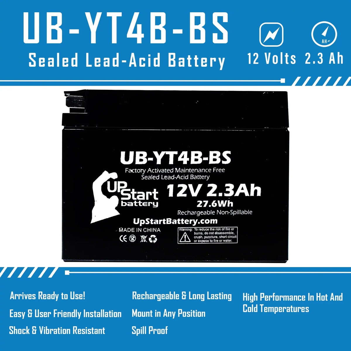 Free, 12V, 3-Pack Motorcycle Yamaha Activated, Battery Maintenance Factory Replacement UpStart SR400 UB-YT4B-BS - 2.3Ah, Battery 400CC for 2004