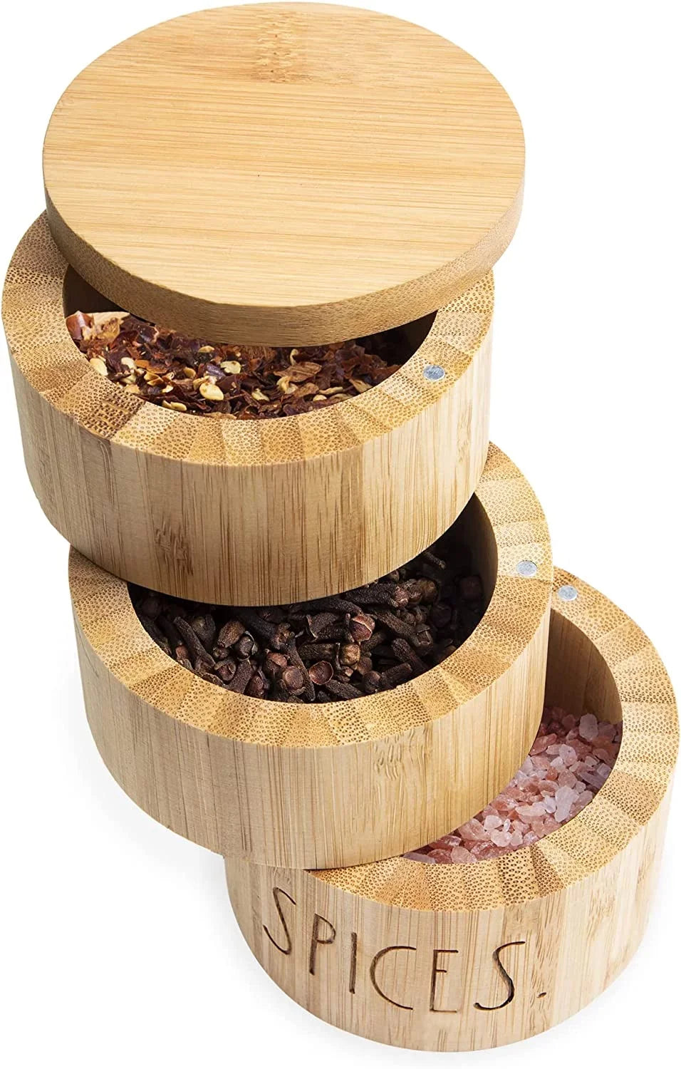 Triple Rae 3 Lid Swivel Bamboo Keeper Cellar Dunn Magnetic Section with Capacity 7.4oz Spice with