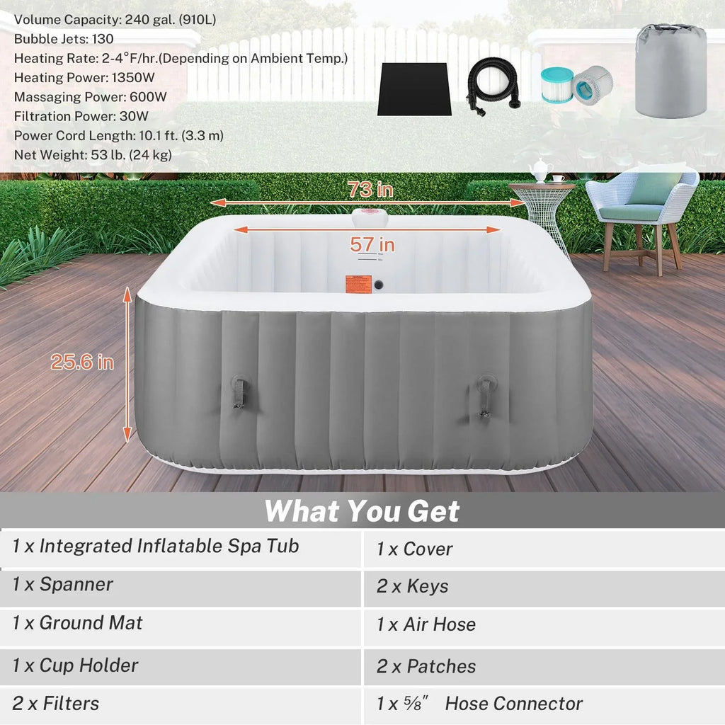 Lockable Capacity Hidden for 130 Machine, 104℉, Storage Tub Home Jets, 910L 73''Inflatable Hot Cover, Mat, Spa 6 Bag, Tub, with Indoor Hot Outdoor Massage Person Max