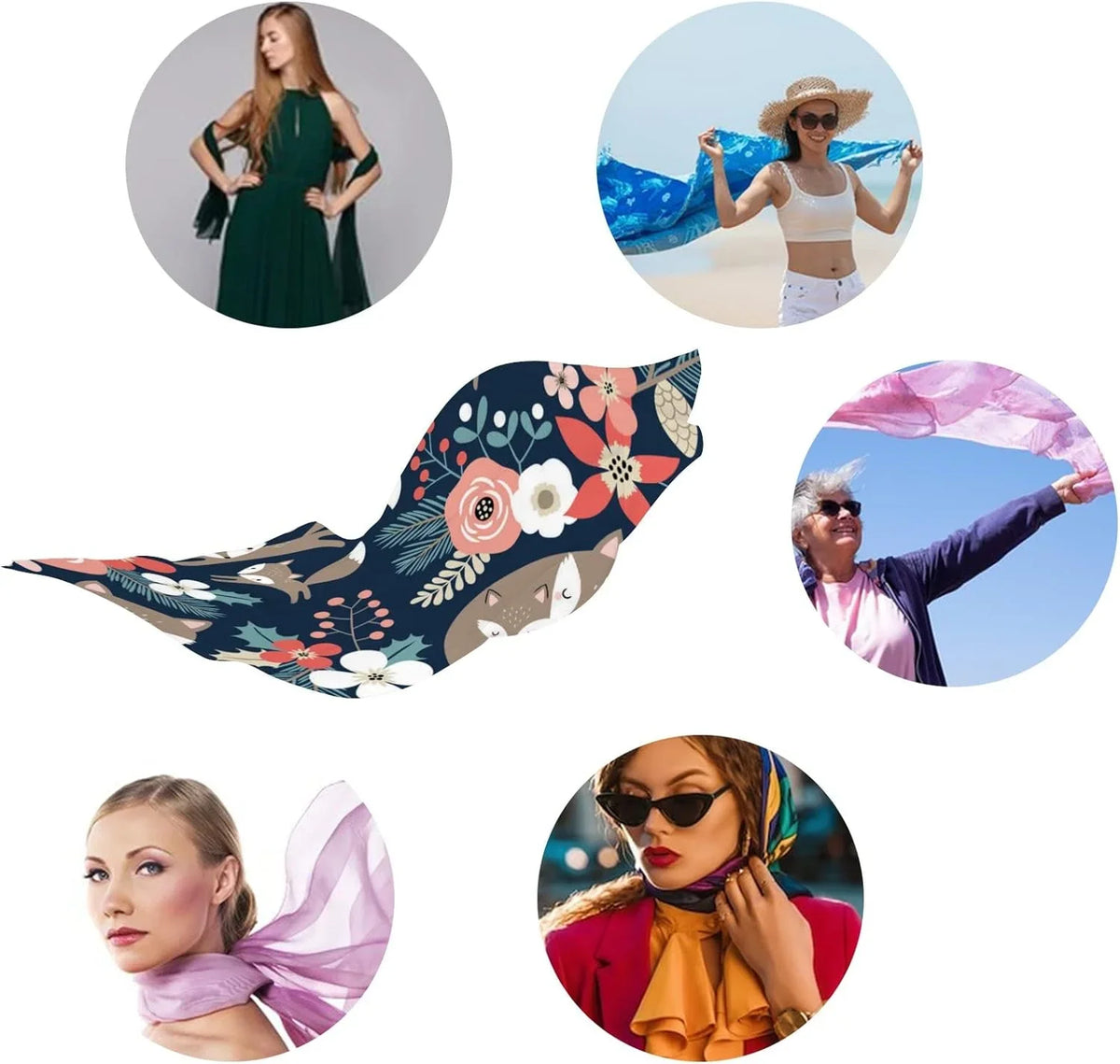 Lightweight and Shawl Foxes for Scarves Girls Flowers on Dark Scarf Long Silk Blue Hyjoy Cute Wrap Neck Women
