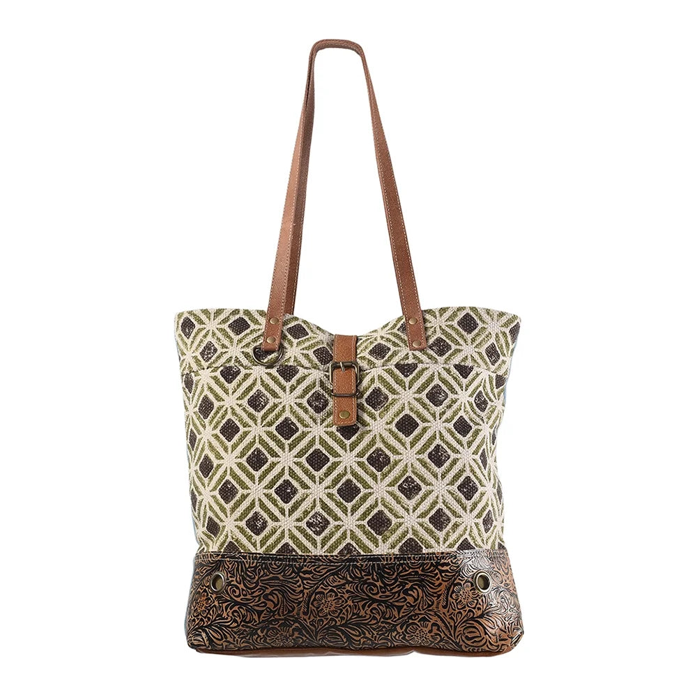 KB241 Upcycled KB OHLAY Leather purse Embossed Genuine Wool TOTE handbag Upcycled western women Canvas bag