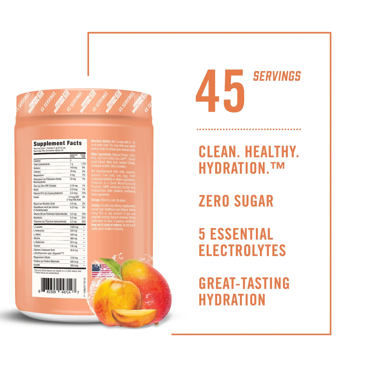 Flavor, 45 Great Electrolytes, BioSteel Peach Hydration Tub per Tasting 5 Mango Zero Mix, Sugar Hydration Essential with Servings