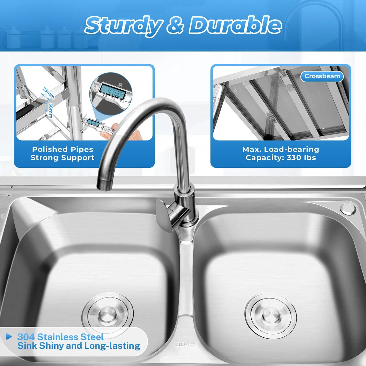 Prep Bowls Steel w/ Commercial Kitchen Catering Catering Utility w/Faucet Stainless Table Kitchen 2 Sink Bowls Home Prep 304 Drainboard Kitchen Sink Catering Sink +Shelf Bowl Prep 2 Table Bowl