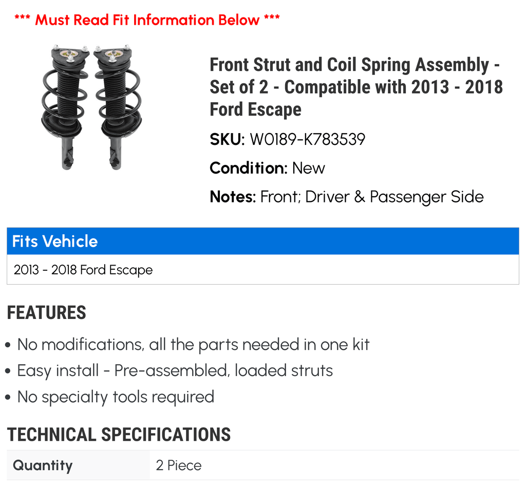 Escape 2014 Strut Ford Compatible - Front 2017 - 2013 and 2018 - with 2016 2015 Spring of Coil 2 Set Assembly
