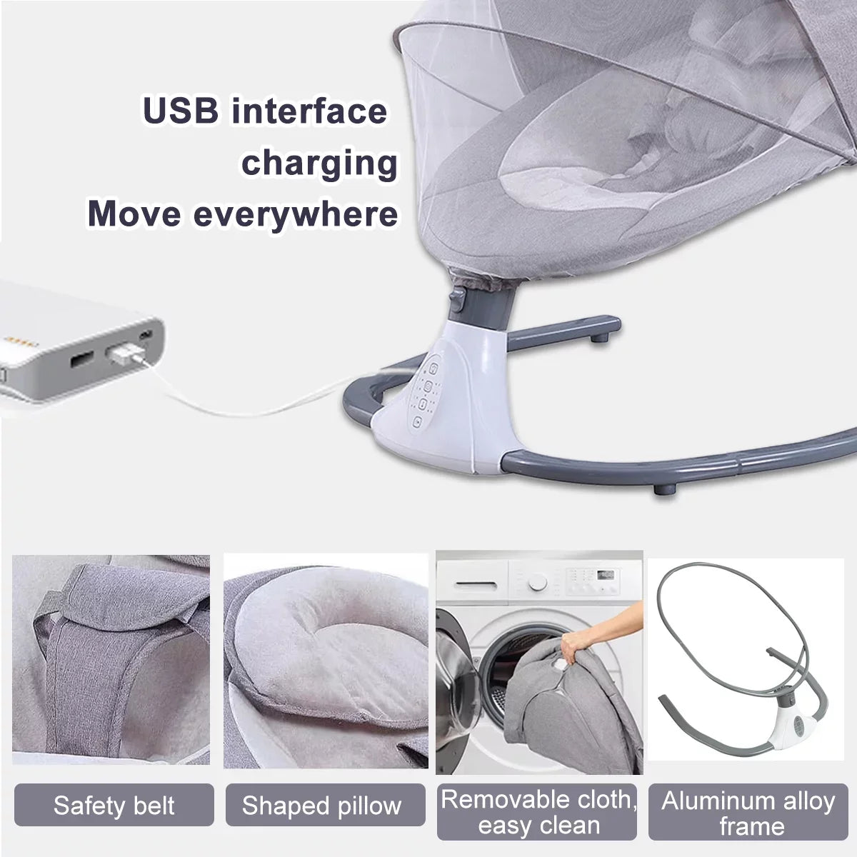 Swing Seat Swing Gray Baby 4 Speeds and Chair Electric Control, Portable with Infant Swing Remote