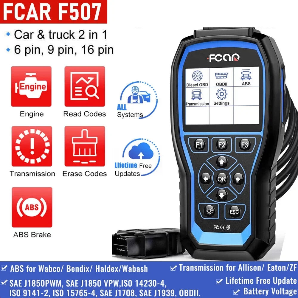 FCAR F507 Code Diesel Mack Truck Heavy Duty Tool Volvo ABS OBD2 Scanner Heavy Reader All fit Transmission Freightliner System All System for Scanner Scan