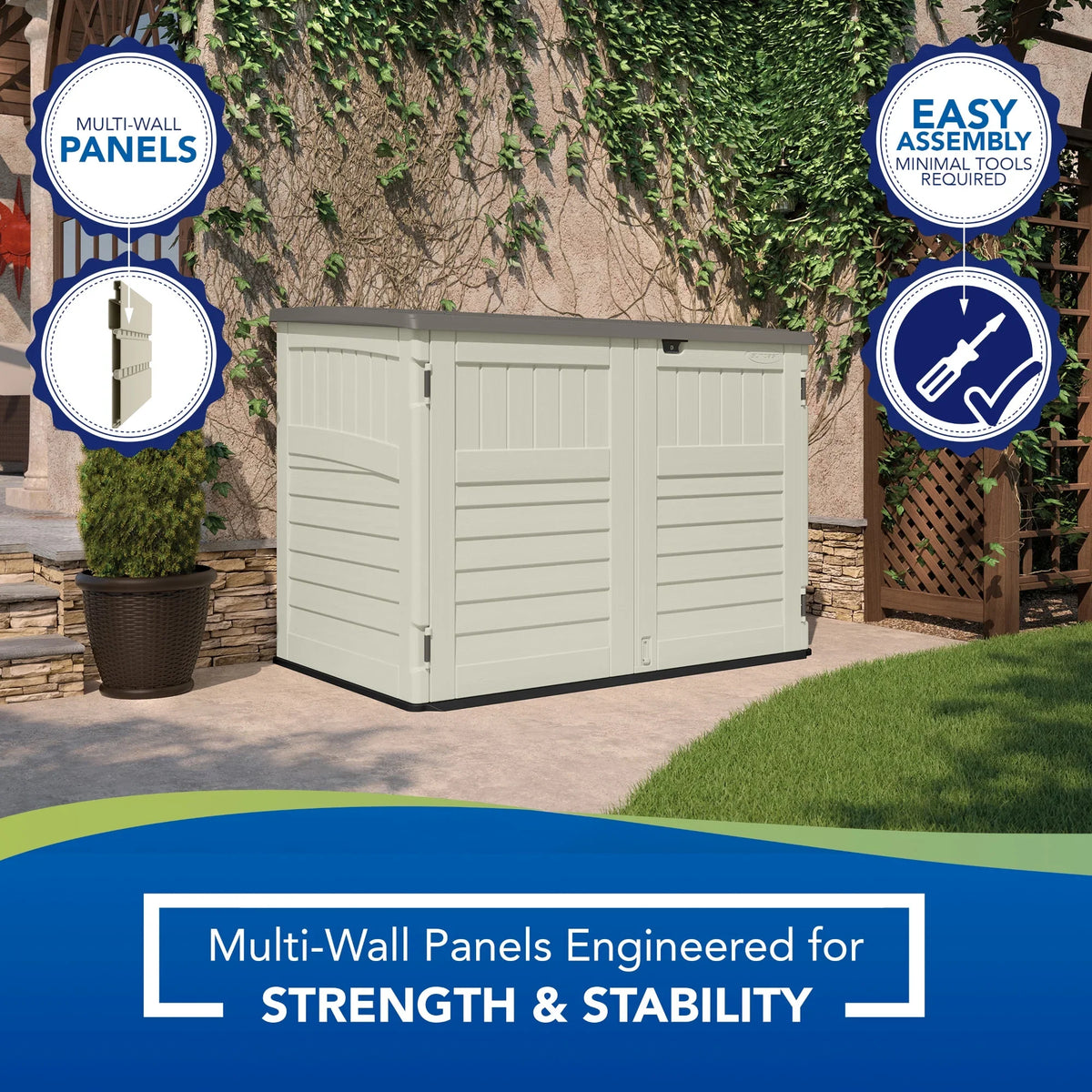 D Plastic Gray, and H in x 52 in 70.5 Suncast Off-White x W Shed, Storage 44.25 in