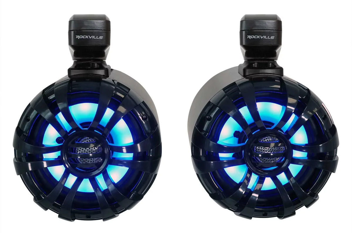 LED Speakers+Remote WB65KLED 600w Black Marine Wakeboard Pair Tower Rockville 6.5"