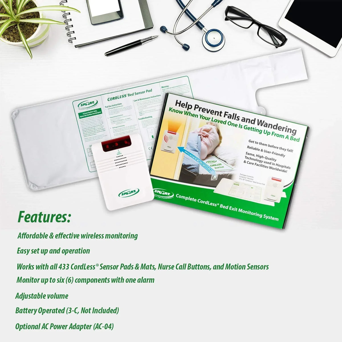 Monitoring Falls Piece Wandering While Help Cordless Sensing Smart and Unattended, Bed Exit Prevent Caregiver Set 2 Pressure Bed Alarm - Pad System with