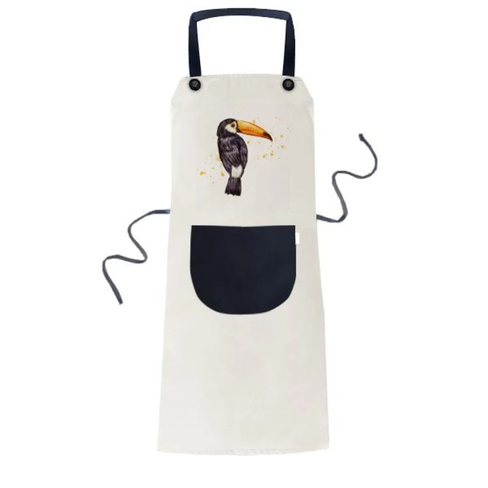 Linen Bib Apron Cotton Kitchen Adjustable Pinafore Tropical Toco Pocket Bird BBQ Ramphastos