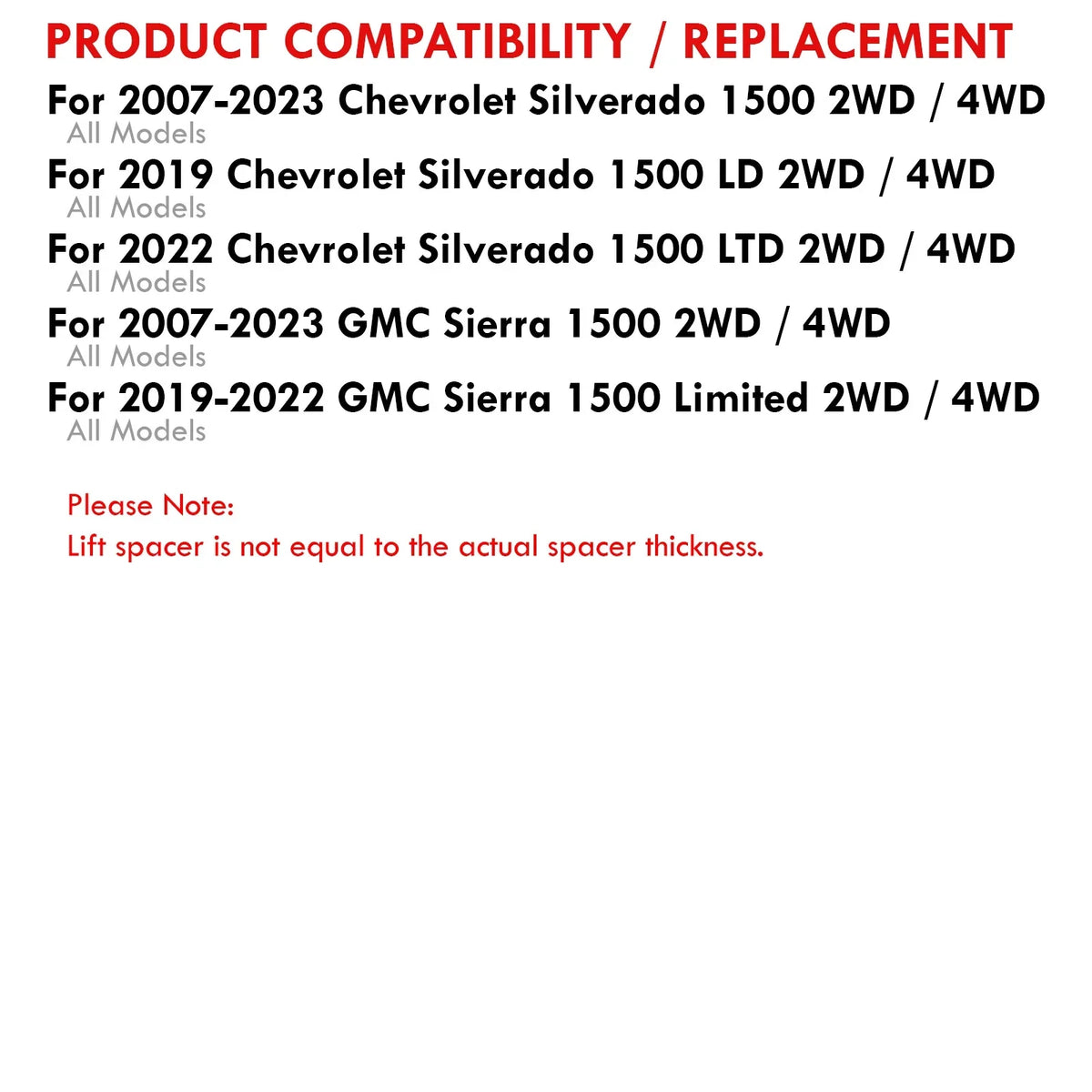 Sierra Lift Chevrolet Rear 2015 2010 GMC SL 2007 2011 Kit 2021 2017 Compatible/Replacement Chevy 2018 For 2013 2" 2020 Silverado 2016 2" AJP 2009 2012 Distributors Spacer Leveling 2008 2019 Front 2014