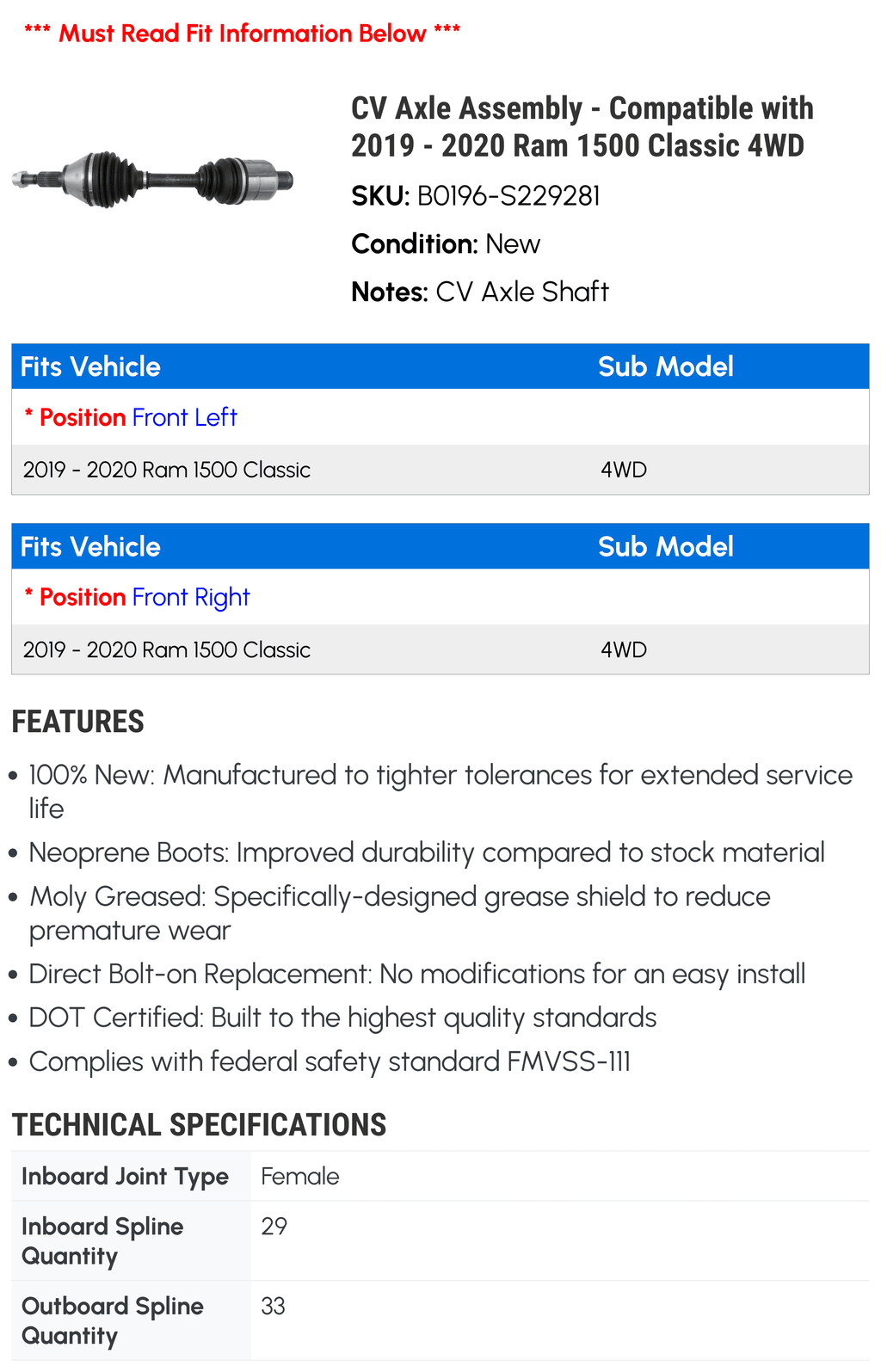CV Classic with - Axle 2020 - 4WD 1500 Ram 2019 Compatible Assembly