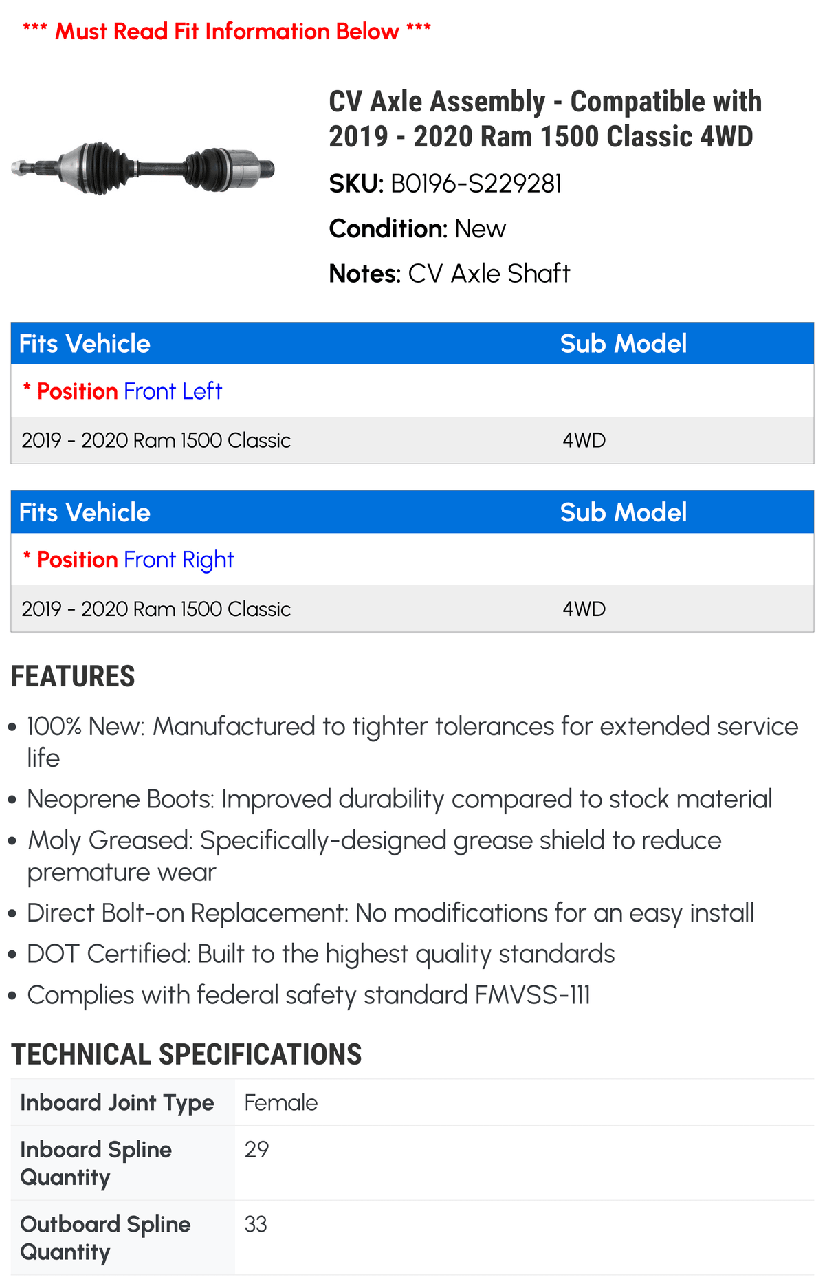 CV Classic with - Axle 2020 - 4WD 1500 Ram 2019 Compatible Assembly