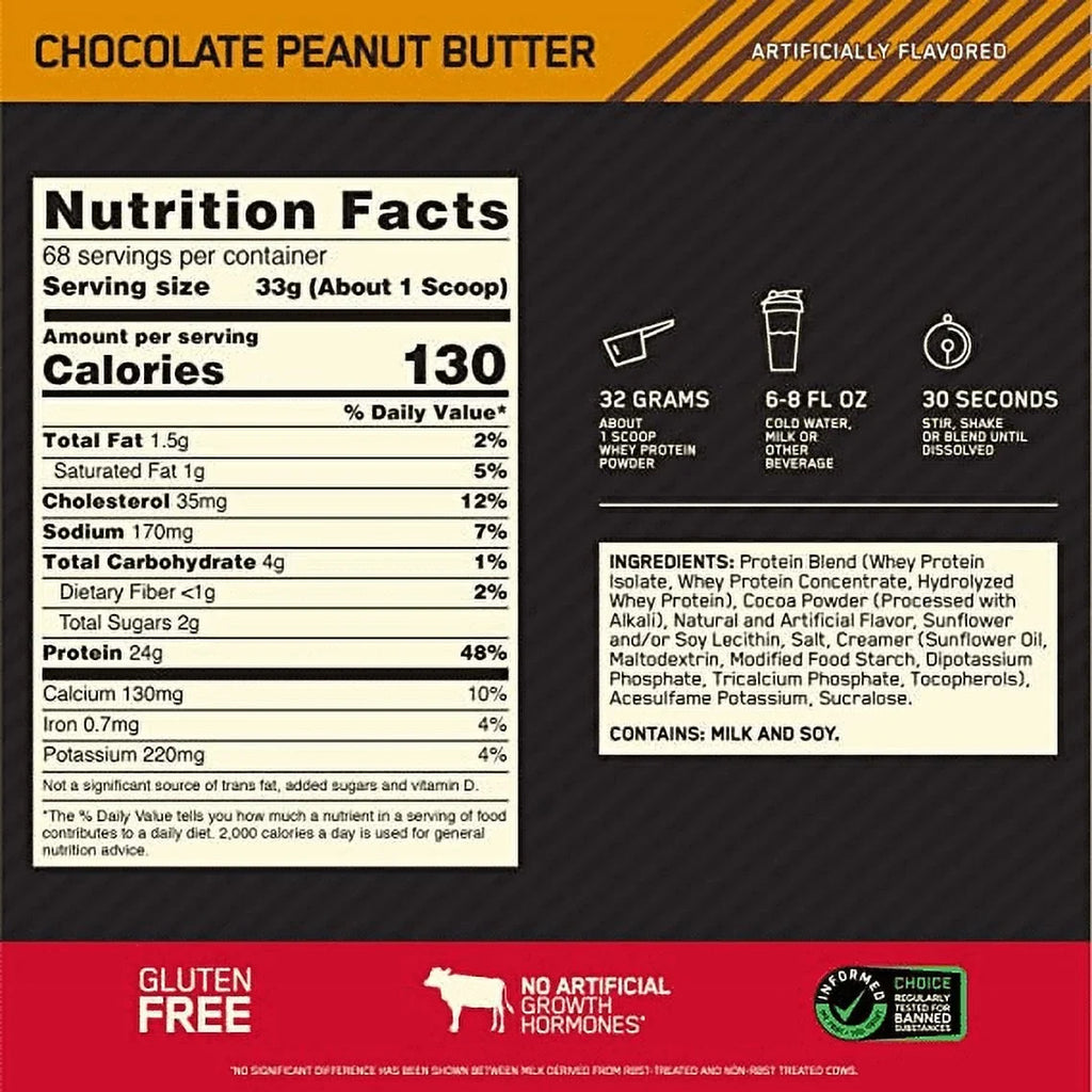 Peanut 68 Optimum Protein 100% Whey lb, Servings 5 Butter, Gold Nutrition, Standard Chocolate Powder,
