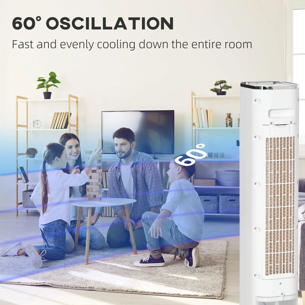 Cooling 1.6 LED Display, HOMCOM White Evaporative Oscillating, Water Air Humidifier Ice Cooler, 3-In-1 Portable Gal with Tank, Remote, Timer, and Fan 42"
