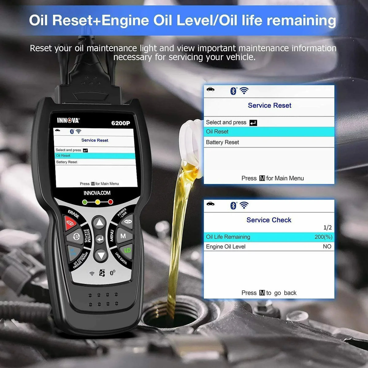 Bluettoth Diagnostic System Tool Reader Battery 6200P Oil OBD2 Registratio ABS Code Scanner Full INNOVA SRS